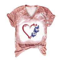 Ženska američka zastava majica Patriotska majica američka zastava Tee 4. jula Tees Vintage Shirt ljetni vrhovi labava bluza Dan nezavisnosti Print majica V-izrez kratki rukav Pink XL