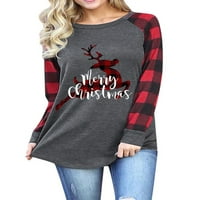 Prednjeg snijeg Tee Snowman Print Majica Provjerite majicu Xmas Merry Božićni vrhovi tunika dugih rukava