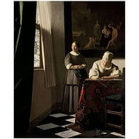 Zaštitni znak Art dama koja piše pismo sa svojom sluškinjom 1670 umjetnost na platnu Jana Vermeera, 26x32