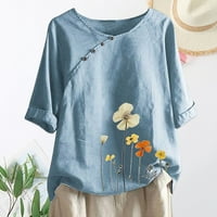 Qianha Mall O-izrez Polu ruktika za žensku majicu Decor cvijet Ispis Jednostavna retro košulja TOP Streetwear