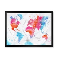 PromenArtirati 'Svjetska karta u plavoj i ružičastoj' moderno uramljenom umjetničkom tisku