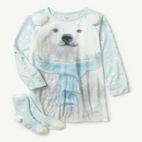 Justice Girls dugi rukav polarni medvjed pidžama spavanja haljina sa čarapama, veličine 5-18