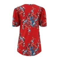 Leylayray ženske bluze Žene Ljeto Kratki rukav Ležerni ispisani V-izrez T-majica Bluza Crvena L