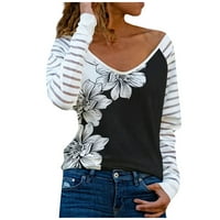 Ženska proljetna moda V-izrez cvjetni ispisani patchwork bluza vrhova pulover crne s