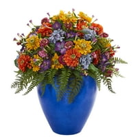 Skoro prirodni divovski miješani cvjetni umjetni aranžman u plavoj vazi