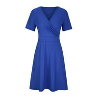 Ženske haljine klirence midi haljina, kratki rukav modni haljina s punim V-izrezom Blue 2xl