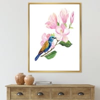 Designart 'Plava Ptica Sjedi Na Ružičastoj Magnoliji' Tradicionalni Uramljeni Platneni Zidni Umjetnički Print