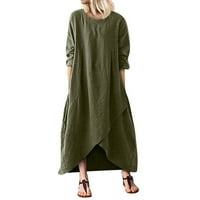 Jiyugala ženska pamučna posteljina jednobojna okrugla vrata nepravilnog ruba džep Dugi rukav haljina zelena
