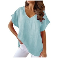 Ženski vrhovi ženski ljetni čvrsti laneni kratki rukavi V vrat majice majice vrhovi svijetlo plavi XL